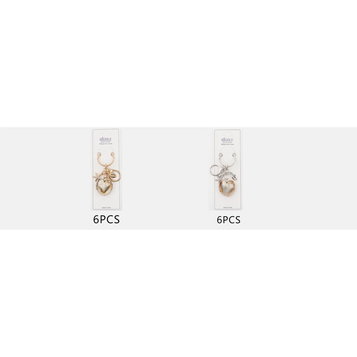 Gold Beach Theme Keychain - Heart Seashell Charm Keyring with Starfish & Cowrie Shell Charms (8cm) (QE3215)