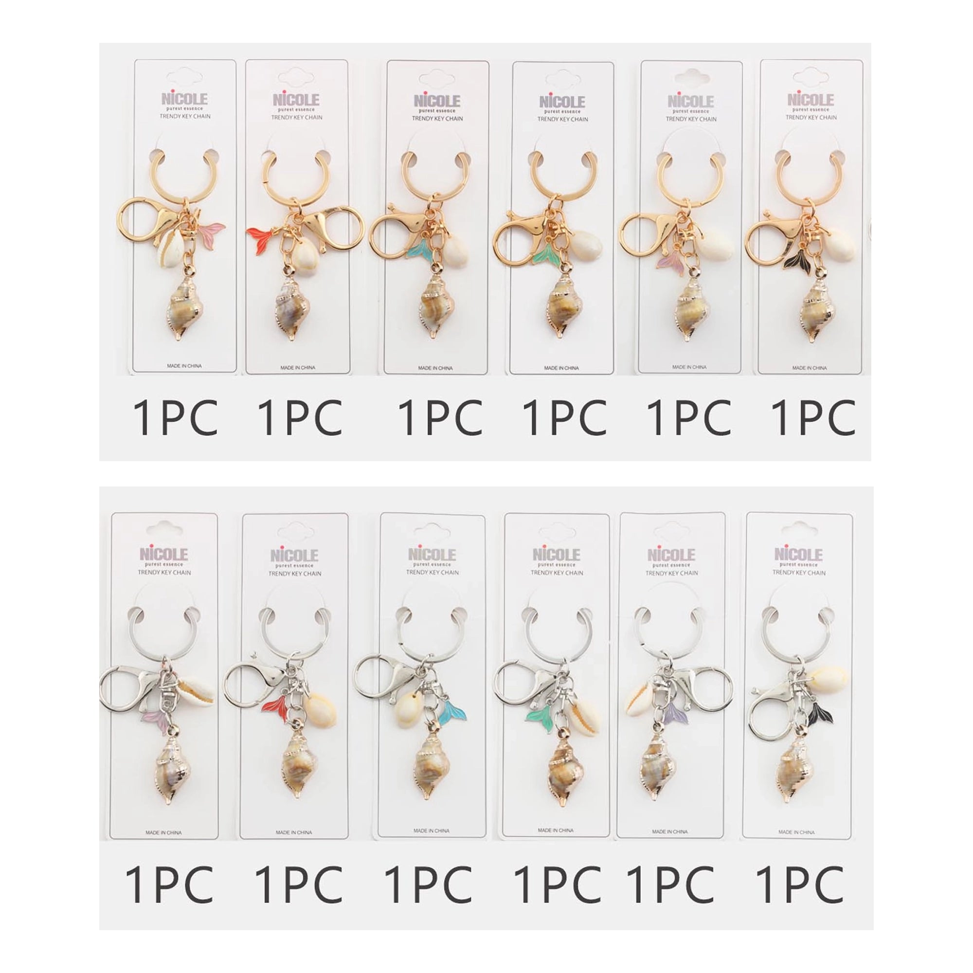 Ocean-Themed Conch & Mermaid Tail Keychain Charms (12-Piece Dozen) (QE3216)