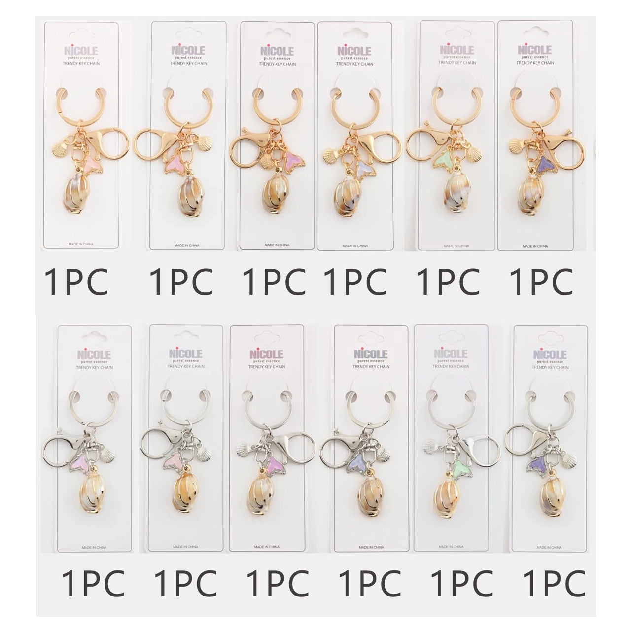 Ocean-Inspired Seashell & Mermaid Tail Charm Keychain - Wholesale Bulk Set (QE3217)