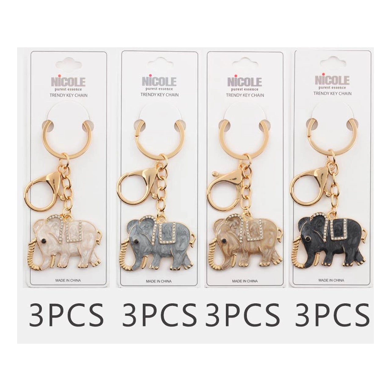 Elegant Enamel Elephant Keychain – Rhinestone Crystal Charm & Gold-Tone Hardware (QE3219)