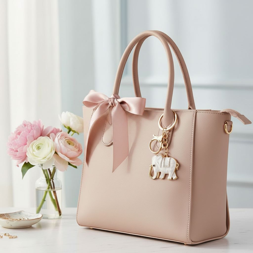 Elegant Enamel Elephant Keychain – Rhinestone Crystal Charm & Gold-Tone Hardware (QE3219)