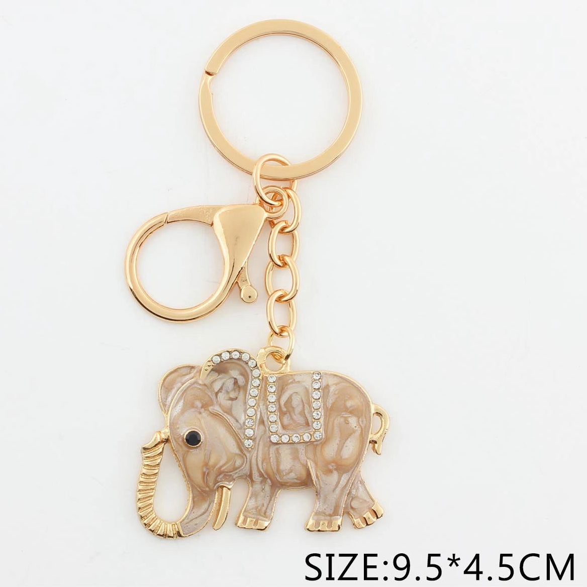 Elegant Enamel Elephant Keychain – Rhinestone Crystal Charm & Gold-Tone Hardware (QE3219)