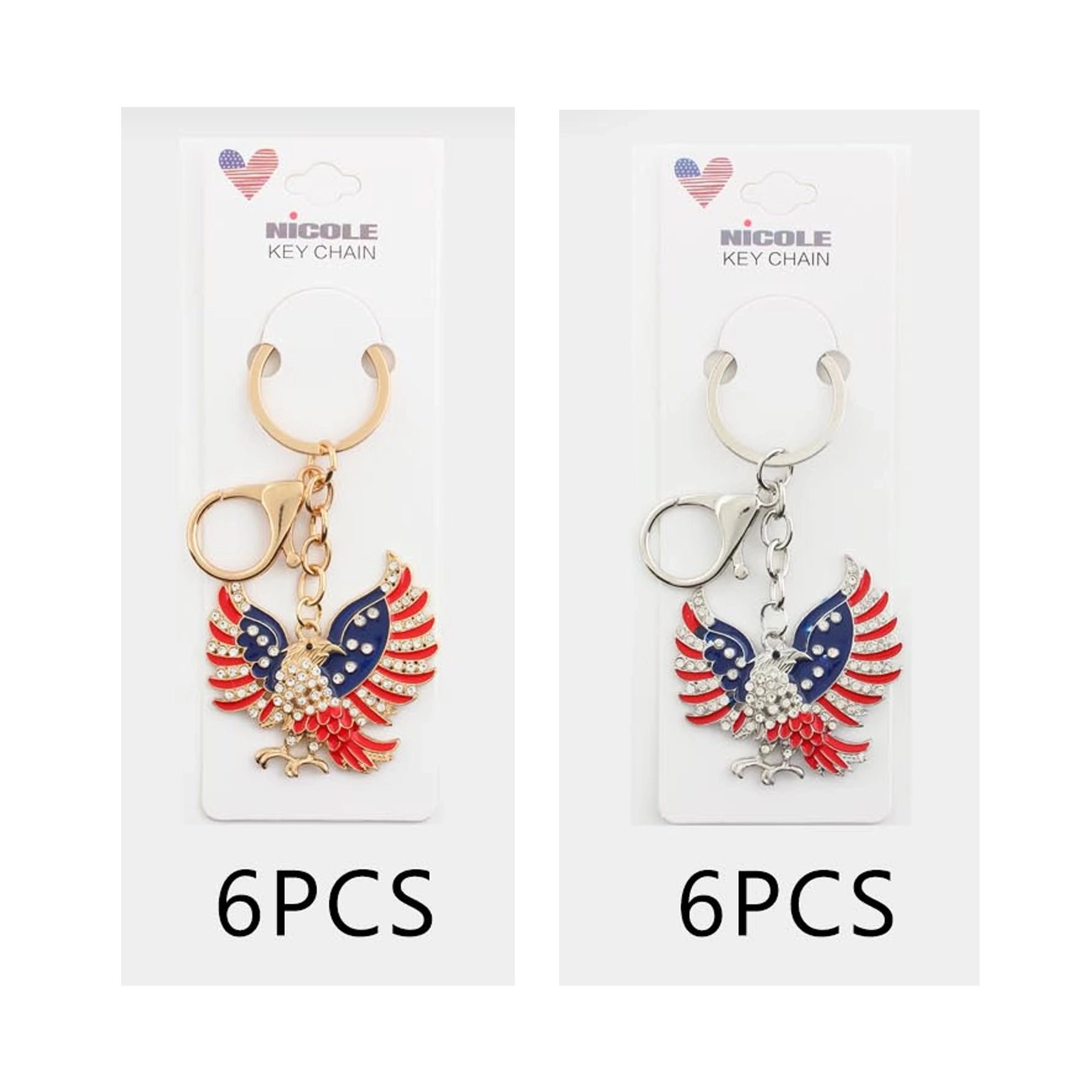 American Eagle Keychain – Patriotic Red, White, and Blue Enamel Rhinestone Key Ring, Crystal Eagle Bag Charm, 4th of July Patriotic Gift (QE3220)