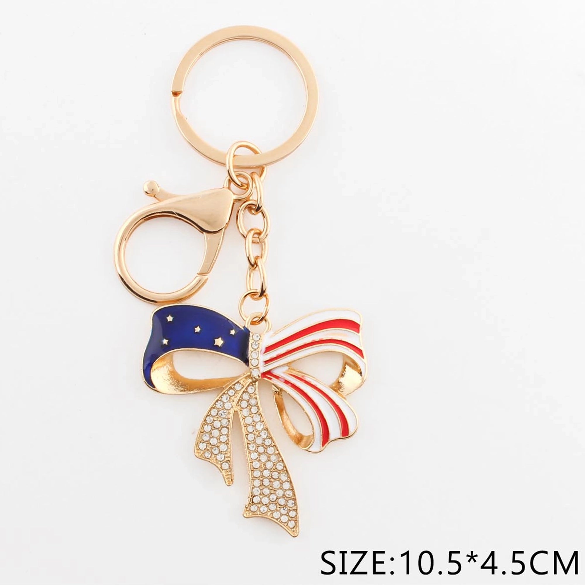 Patriotic USA Flag Bow Keychain with Rhinestones – American Flag Ribbon Key Ring, Red White & Blue Purse Charm, 4th of July Gift (QE3221)