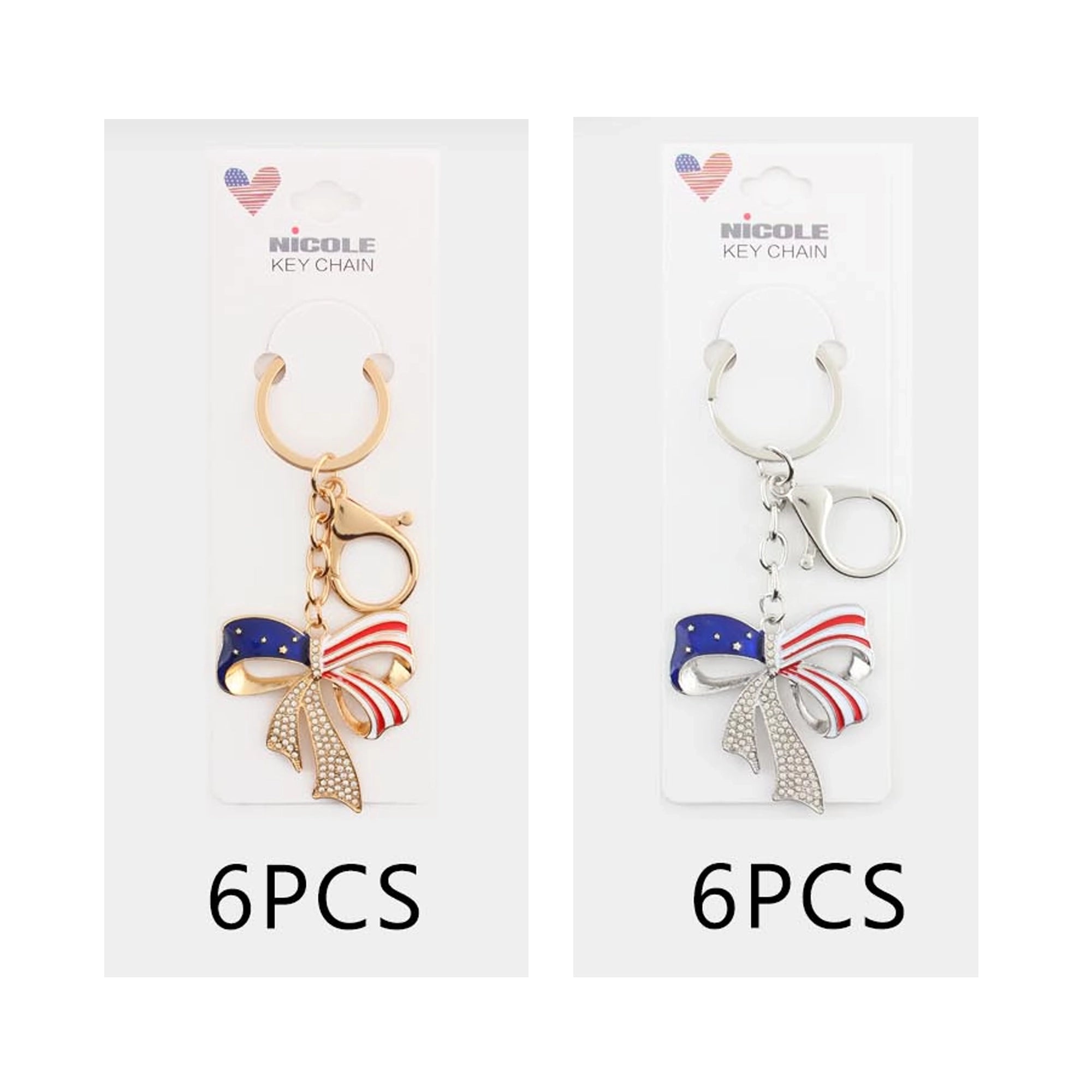 Patriotic USA Flag Bow Keychain with Rhinestones – American Flag Ribbon Key Ring, Red White & Blue Purse Charm, 4th of July Gift (QE3221)