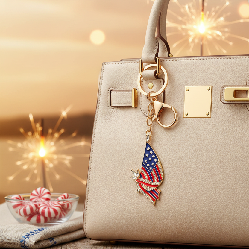 American Flag Eagle Keychain Bulk Set (12-Piece) – Patriotic Rhinestone Crystal Key Ring, Gold & Silver Metal USA Flag Charms for 4th of July, Memorial Day Gifts, Fashion Bag Accessories (QE3222)