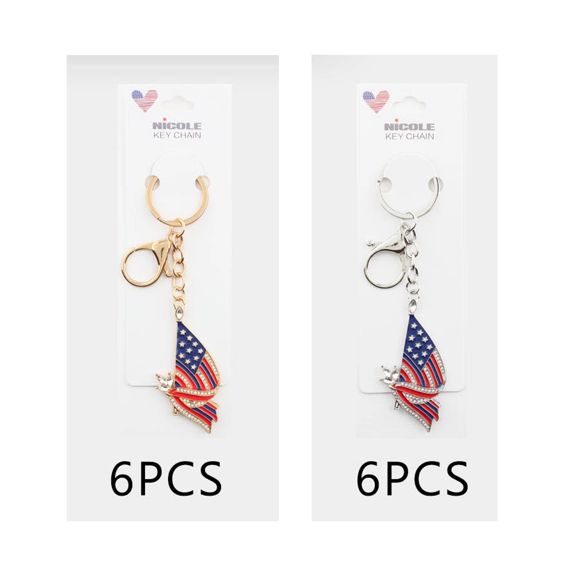 American Flag Eagle Keychain Bulk Set (12-Piece) – Patriotic Rhinestone Crystal Key Ring, Gold & Silver Metal USA Flag Charms for 4th of July, Memorial Day Gifts, Fashion Bag Accessories (QE3222)