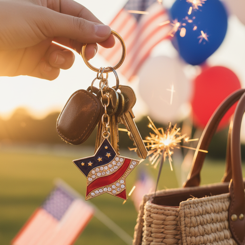 Patriotic American Flag Star Keychain - Crystal Rhinestone July 4th Keyring & Purse Charm, Gold & Silver Finish (QE3224)