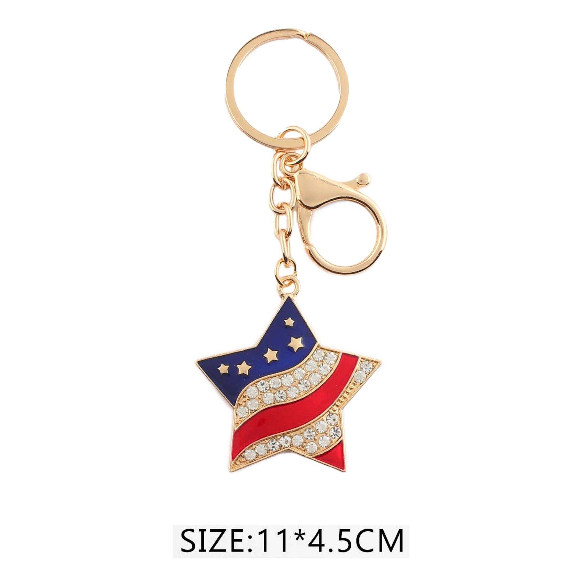 Patriotic American Flag Star Keychain - Crystal Rhinestone July 4th Keyring & Purse Charm, Gold & Silver Finish (QE3224)