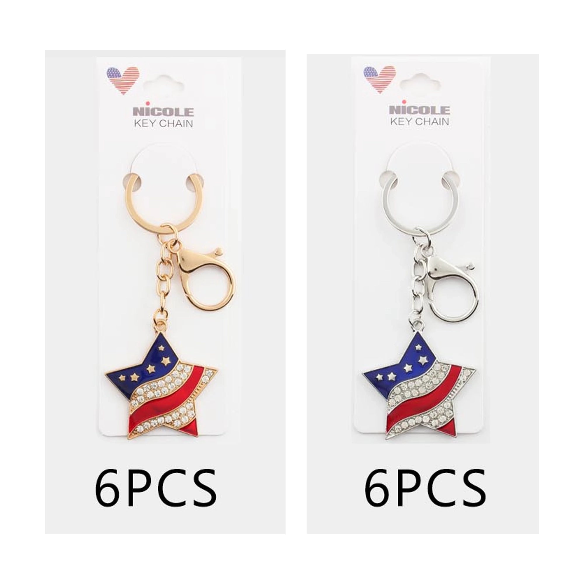 Patriotic American Flag Star Keychain - Crystal Rhinestone July 4th Keyring & Purse Charm, Gold & Silver Finish (QE3224)