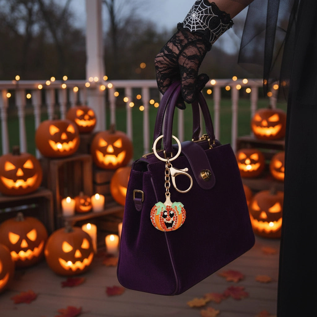 Sparkling Halloween Pumpkin Keychain – Rhinestone Crystal Jack-o'-Lantern Bag Charm & Key Ring (QE3227)