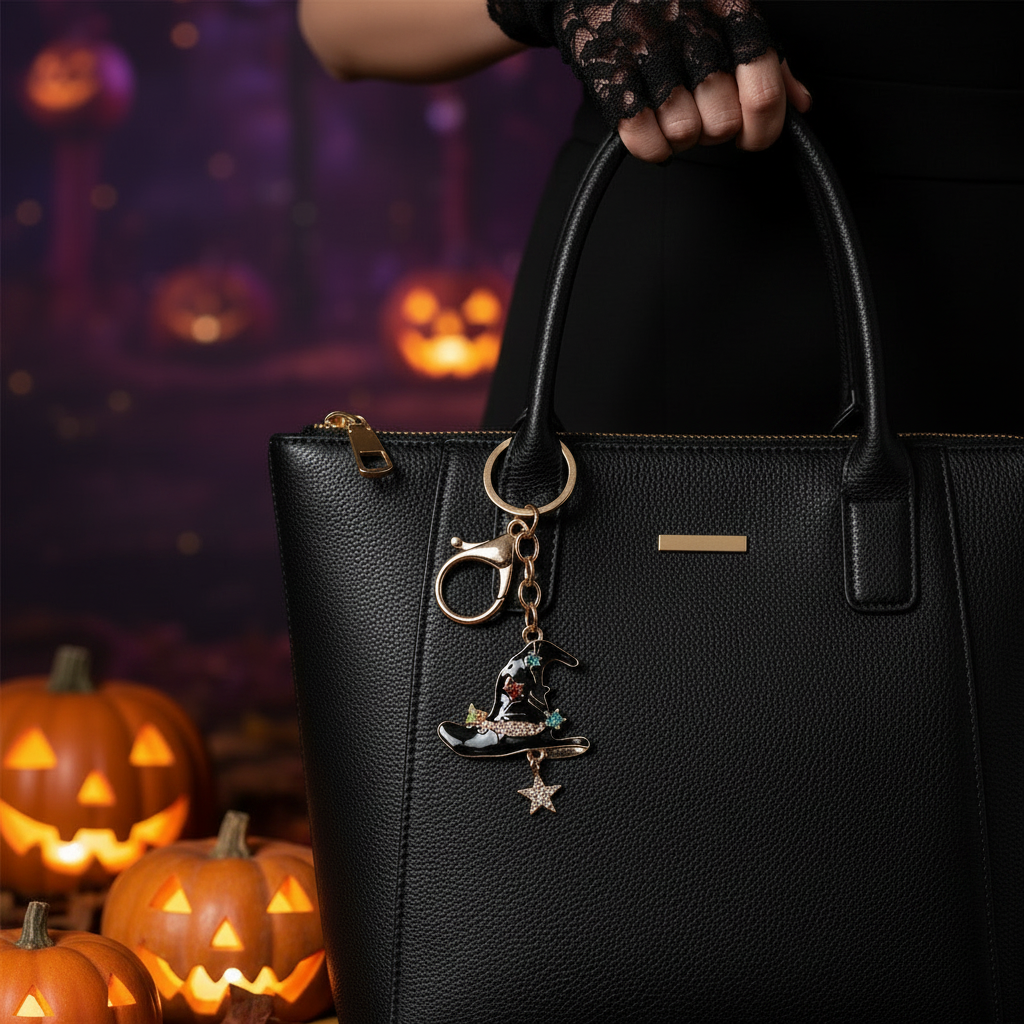 Halloween Enamel Witch Hat Keychain with Rhinestone Star Charm – Gold Spooky Bag Charm & Keyring (10.5 cm) (QE3229)