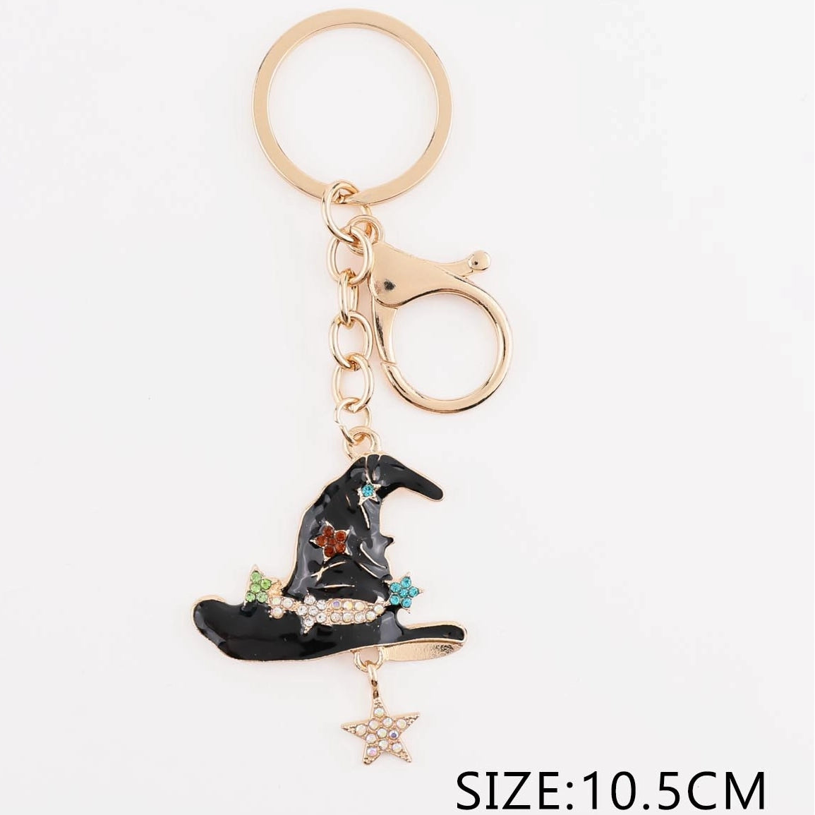 Halloween Enamel Witch Hat Keychain with Rhinestone Star Charm – Gold Spooky Bag Charm & Keyring (10.5 cm) (QE3229)