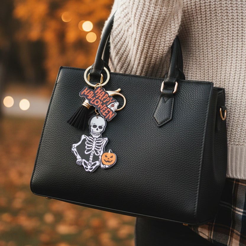 Halloween Skeleton Keychain with Tassel & Jack-o'-Lantern Charm – Spooky Bag Accessories (QE3243)