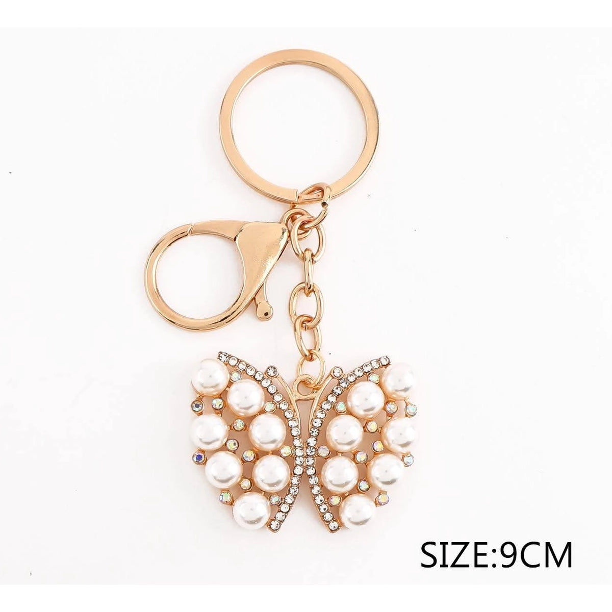 Wholesale Faux Pearl Butterfly Keychain & Bag Charm (9cm) – Bulk Gold-Tone Keyring Set (QE3256)