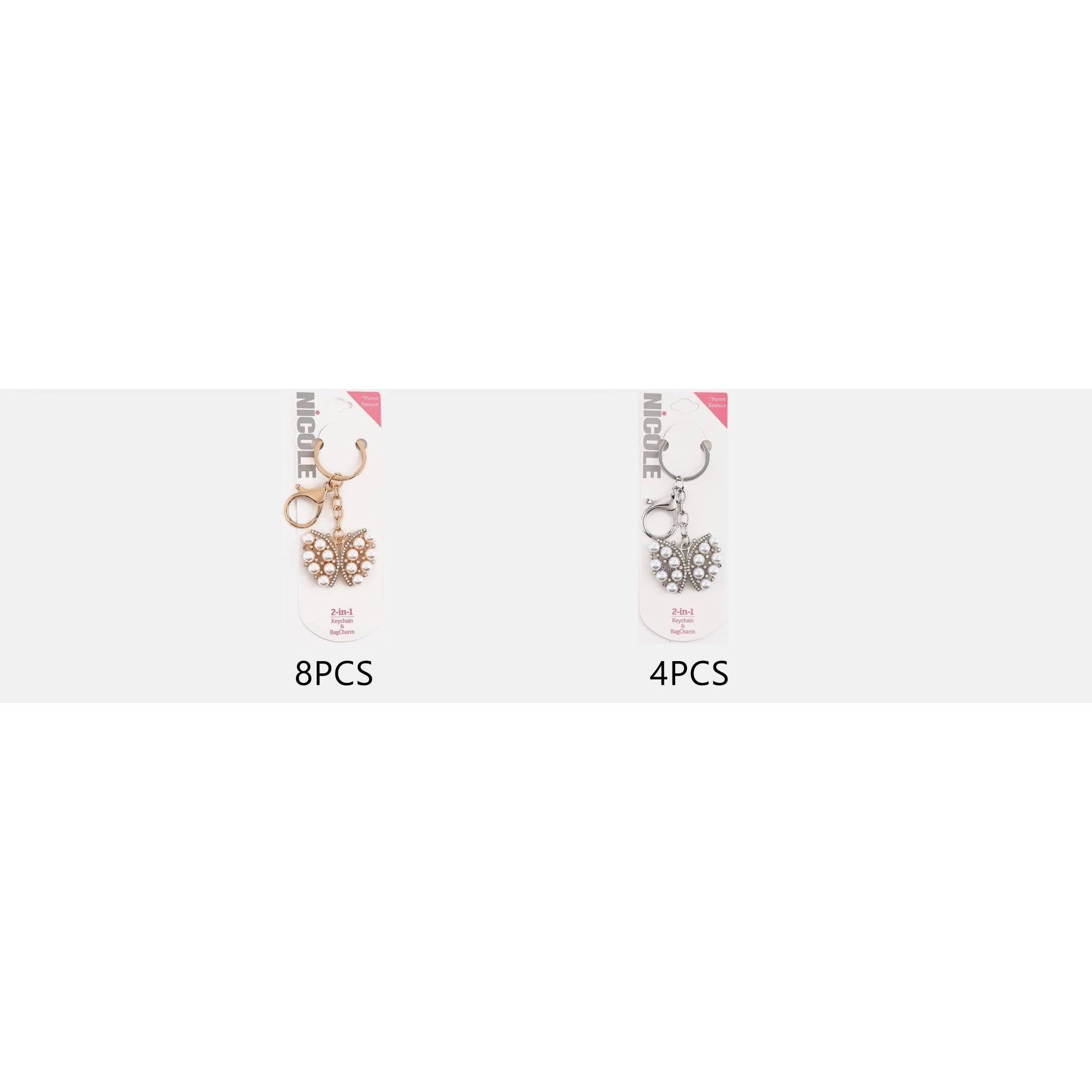Wholesale Faux Pearl Butterfly Keychain & Bag Charm (9cm) – Bulk Gold-Tone Keyring Set (QE3256)