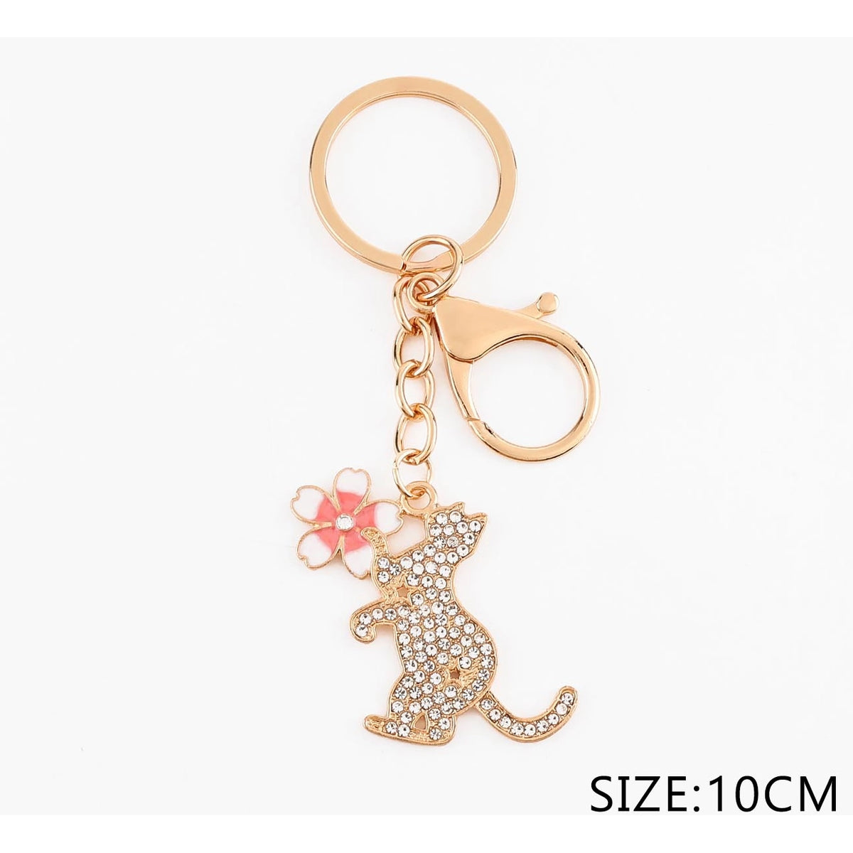 Rhinestone Cat & Flower Keychain Bag Charm – 10cm Gold-Tone Sparkle Charm Card Pack (QE3257)