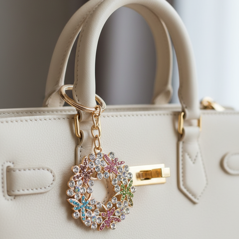 Sparkling Crystal Floral Wreath Keychain & Bag Charm – Gold Hardware, 10cm (QE3258MT)