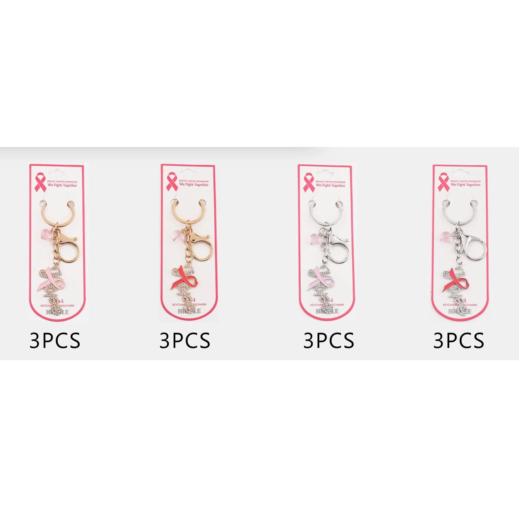 Pink Ribbon "Hope" Rhinestone Keychain Bulk Pack – Breast Cancer Awareness Charm Keyring (12 Pcs) (QE3277)