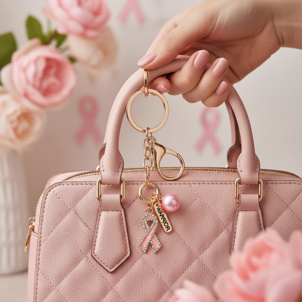 Pink Ribbon Breast Cancer Awareness Keychain with "Warrior" Charm & Pink Pearl – Rose Gold Bag Clip (QE3279)
