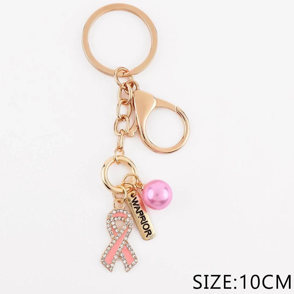 Pink Ribbon Breast Cancer Awareness Keychain with "Warrior" Charm & Pink Pearl – Rose Gold Bag Clip (QE3279)