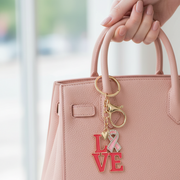 Pink Breast Cancer Awareness LOVE Keychain Bulk Set | Rhinestone Ribbon Keyring & Bag Charm (QE3281)