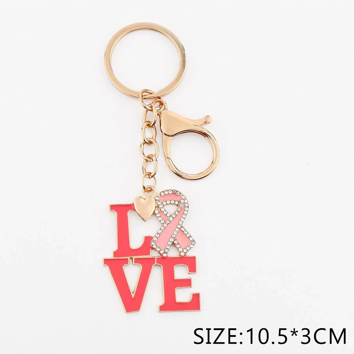 Pink Breast Cancer Awareness LOVE Keychain Bulk Set | Rhinestone Ribbon Keyring & Bag Charm (QE3281)