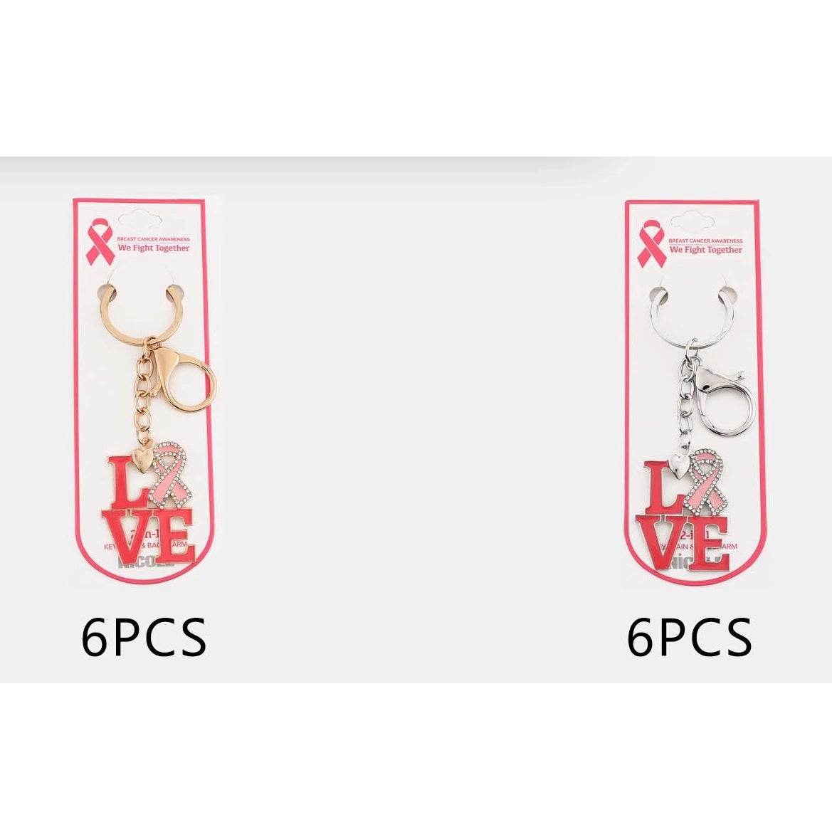 Pink Breast Cancer Awareness LOVE Keychain Bulk Set | Rhinestone Ribbon Keyring & Bag Charm (QE3281)
