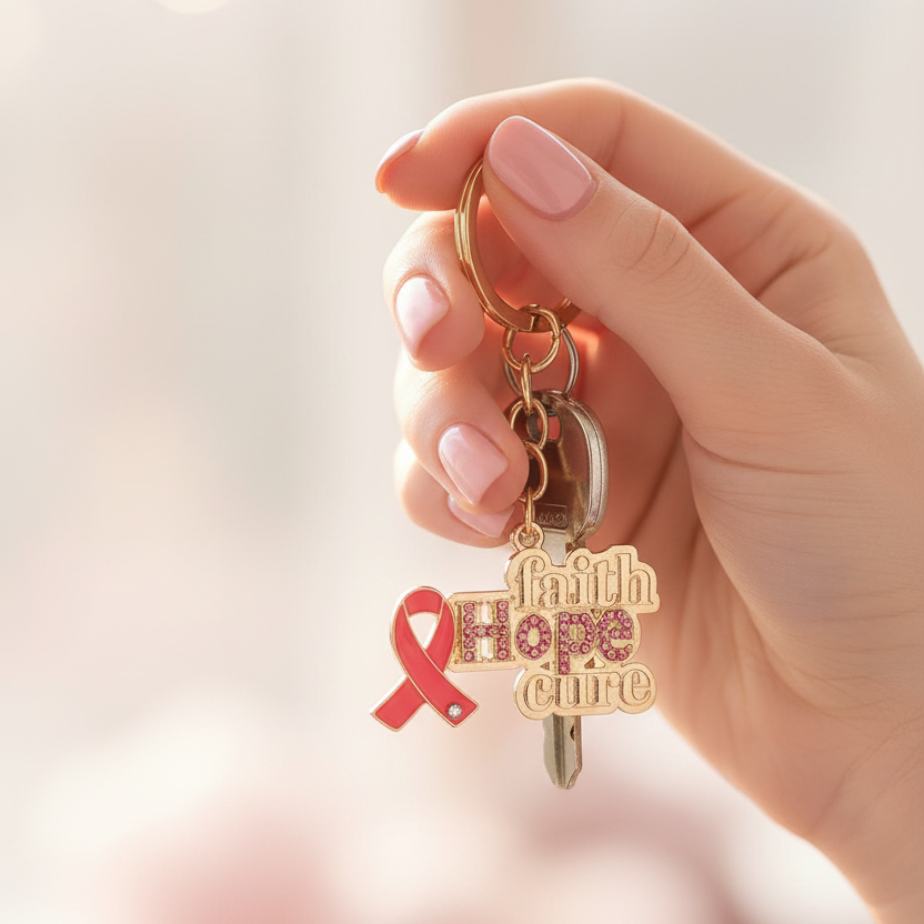 Pink Ribbon Faith Hope Cure Keychain & Bag Charm | Breast Cancer Awareness Jewelry(QE3282)