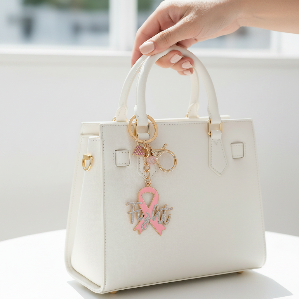 Pink Ribbon Breast Cancer Awareness Keychain with Rhinestone "Fight" Script, Heart Charm & Lobster Clasp – Wholesale Pack (QE3283)