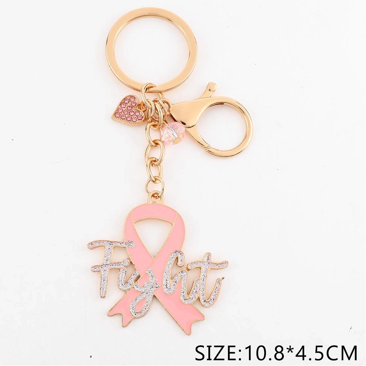 Pink Ribbon Breast Cancer Awareness Keychain with Rhinestone "Fight" Script, Heart Charm & Lobster Clasp – Wholesale Pack (QE3283)