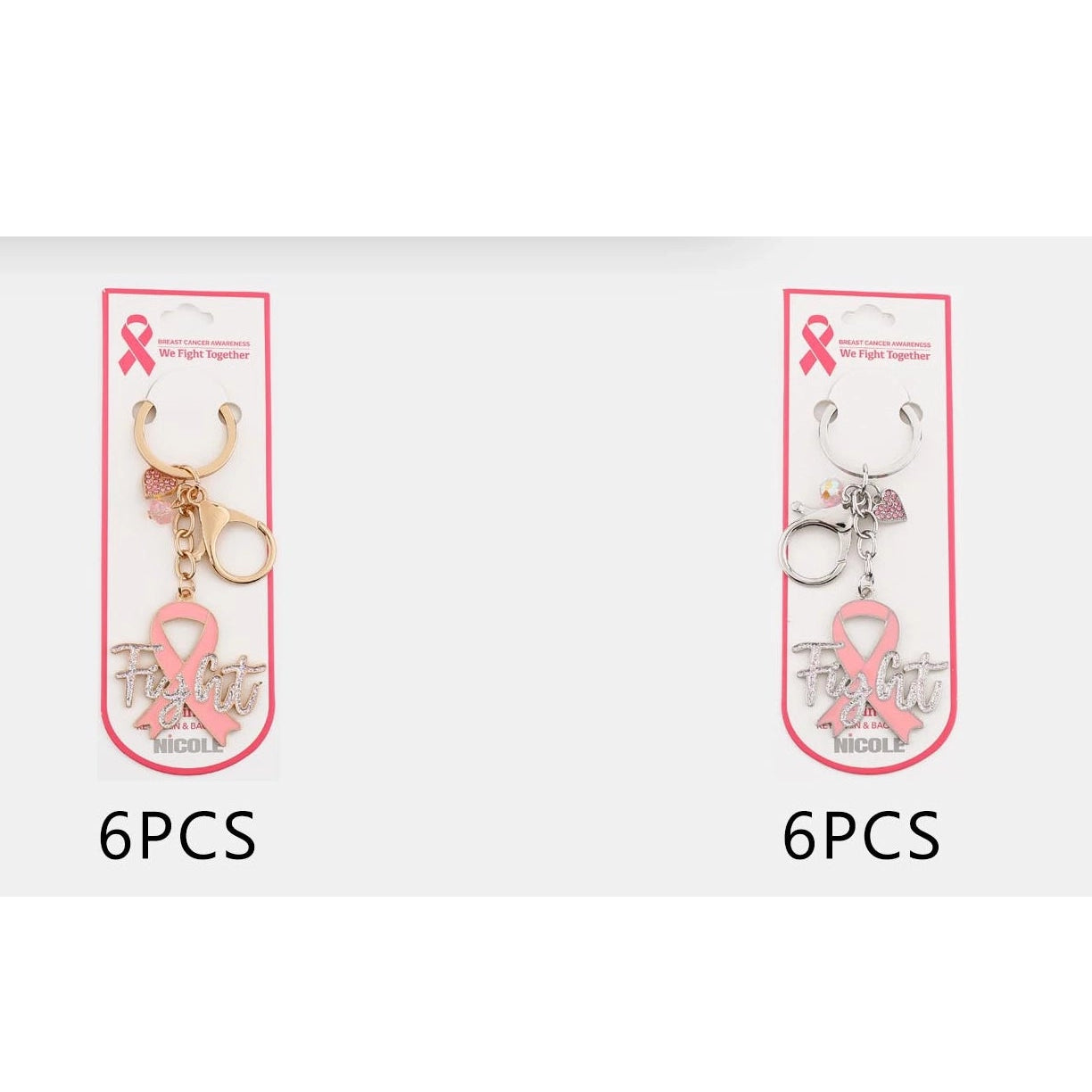Pink Ribbon Breast Cancer Awareness Keychain with Rhinestone "Fight" Script, Heart Charm & Lobster Clasp – Wholesale Pack (QE3283)
