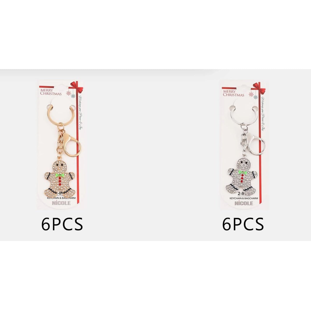 10.5CM Sparkling Rhinestone Gingerbread Man Keychain & Bag Charm – Gold & Silver Tone 12-Piece Wholesale Pack (QE3285)