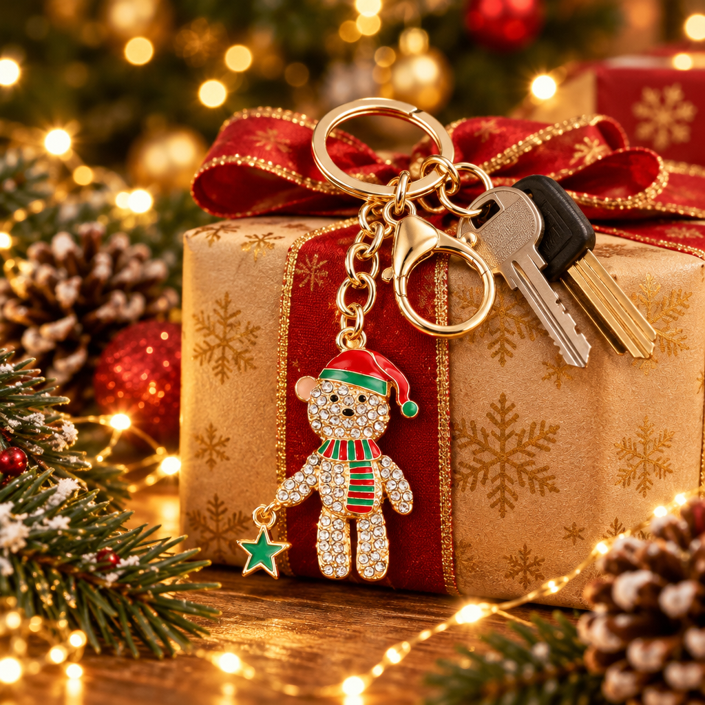 10.5CM Sparkling Rhinestone Christmas Bear Keychain & Bag Charm – Gold & Silver Tone 12-Piece Wholesale Pack (QE3286)