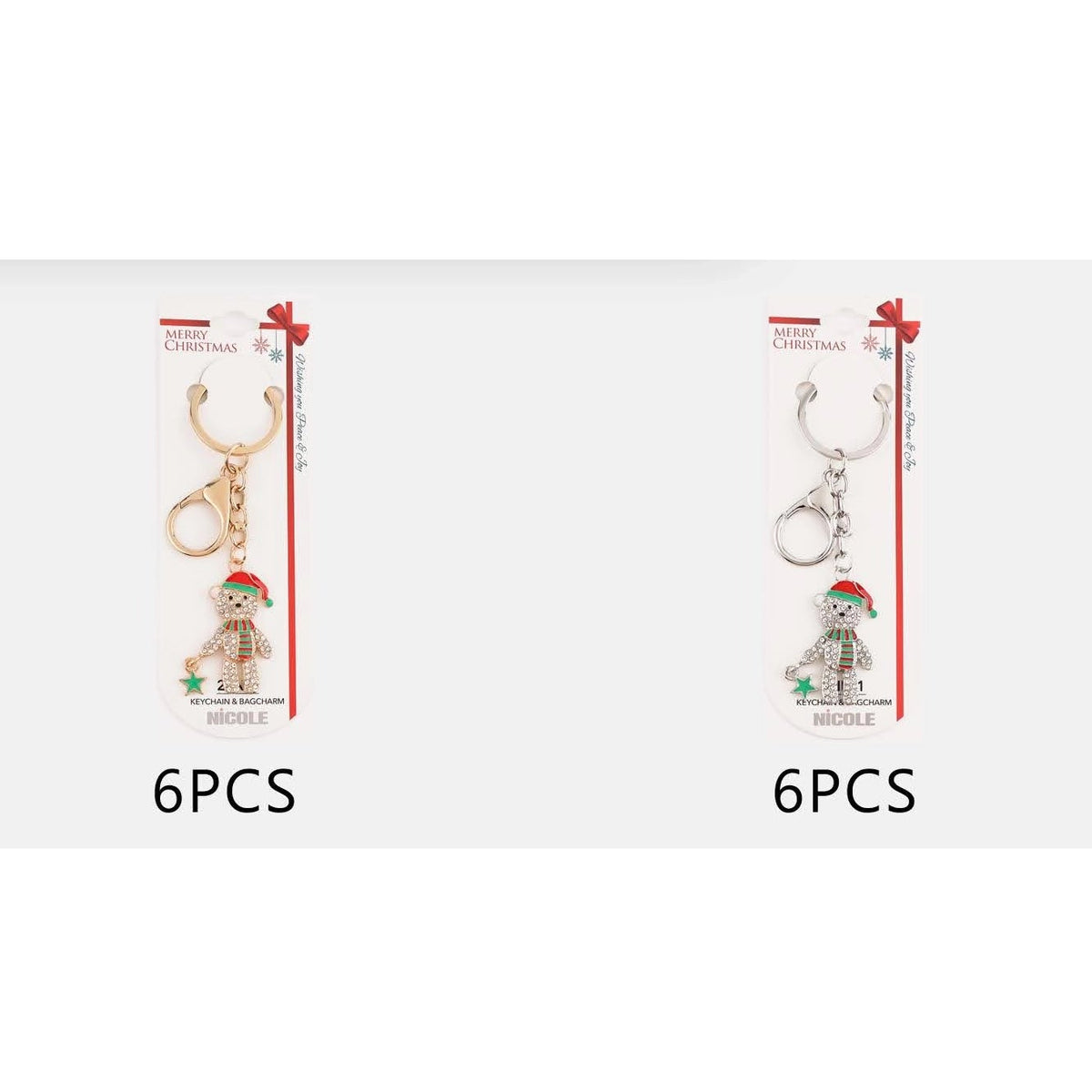 10.5CM Sparkling Rhinestone Christmas Bear Keychain & Bag Charm – Gold & Silver Tone 12-Piece Wholesale Pack (QE3286)