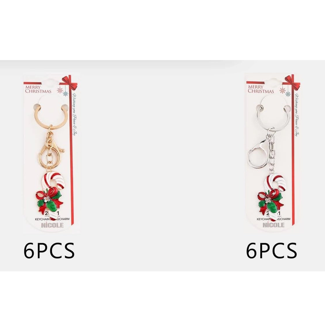 10.5CM Christmas Enamel Candy Cane Keychain & Bag Charm – Gold & Silver Tone 12-Piece Wholesale Pack (QE3300)