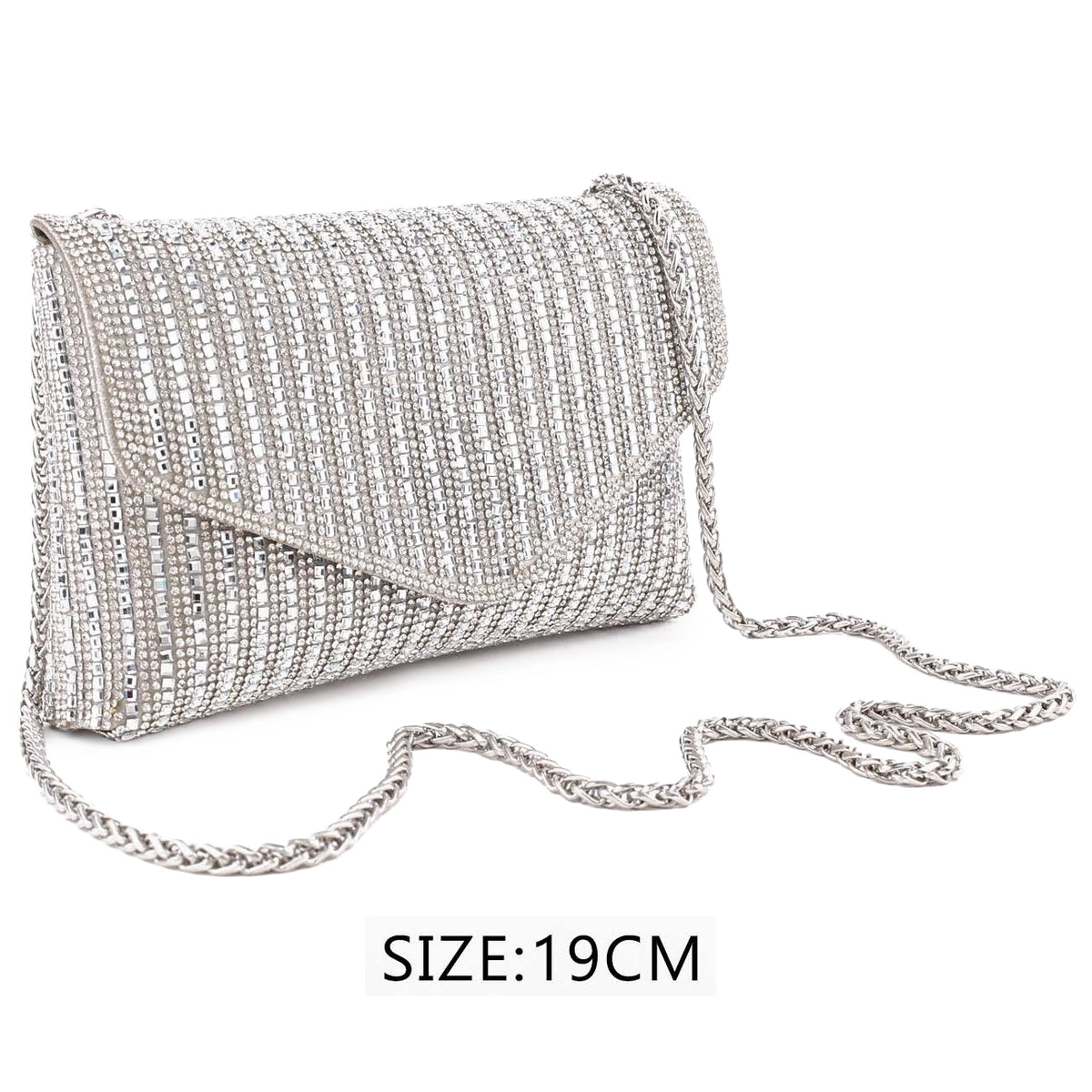 19CM Vertical Striped Crystal Rhinestone Evening Envelope Clutch Purse with Silver Chain Strap (QE3352S)