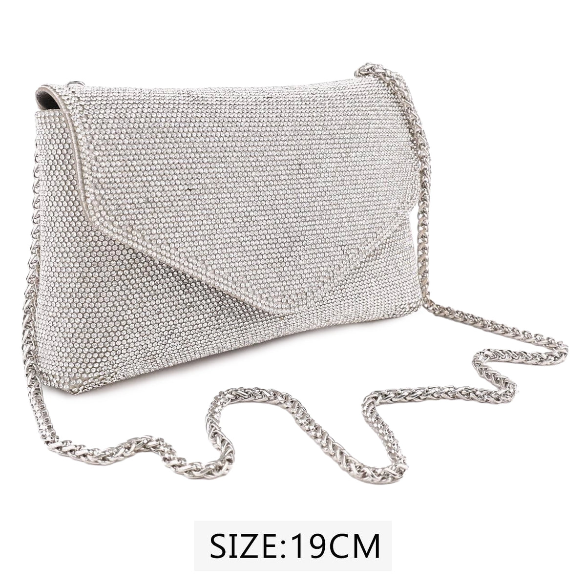 19CM Classic Rhinestone Envelope Evening Clutch Purse with Silver Chain Strap (QE3353S)