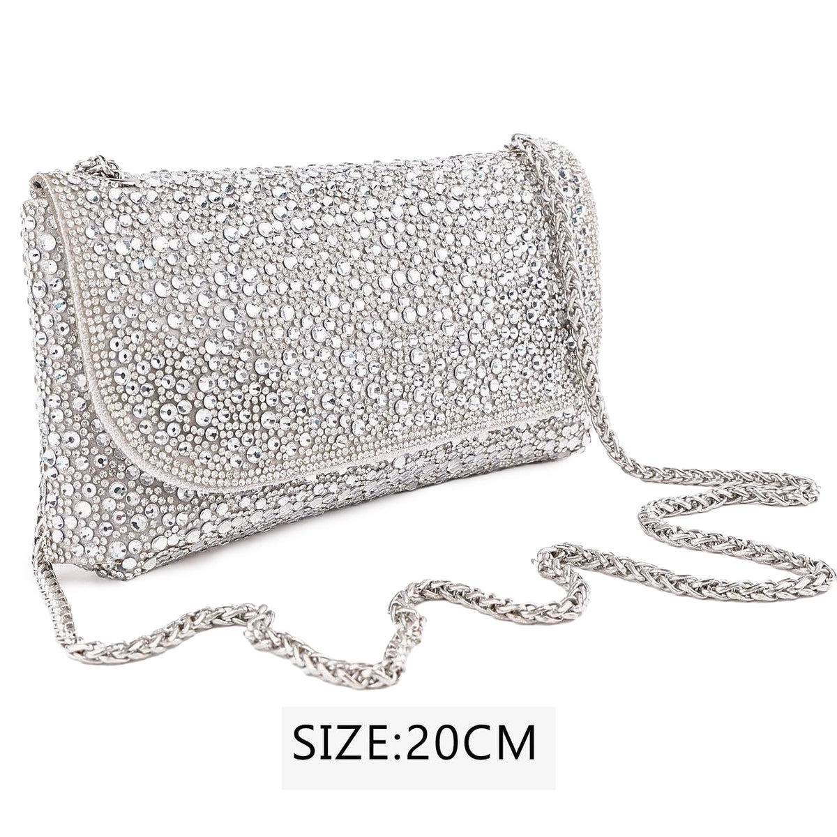 20CM Sparkling Pave Crystal Rhinestone Evening Envelope Clutch Purse with Silver Chain Strap (QE3354S)