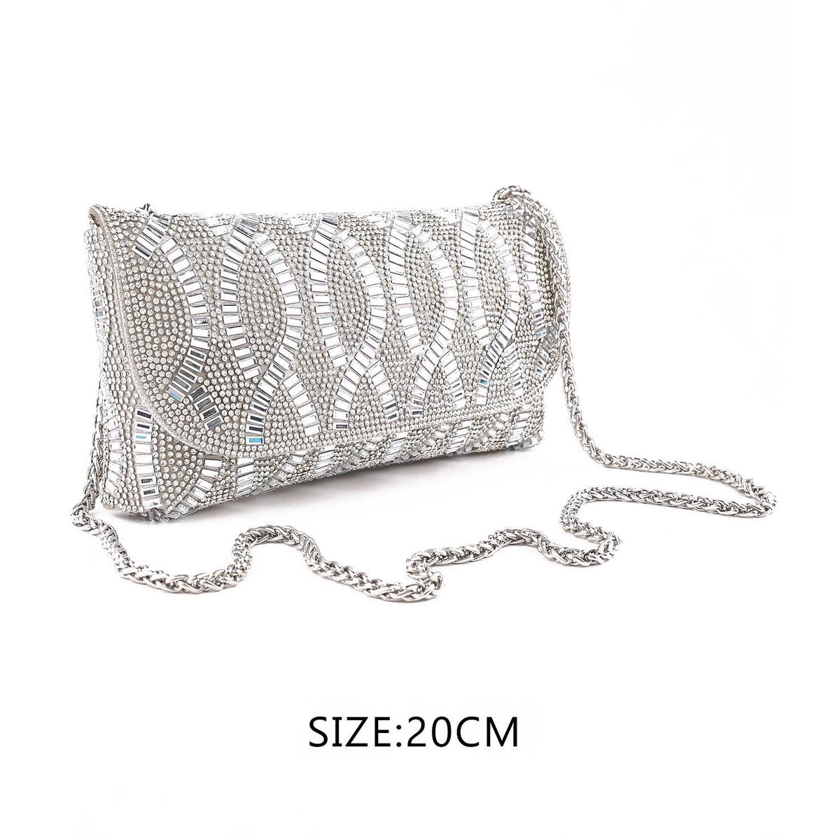 20CM Geometric Crystal Rhinestone Evening Envelope Clutch Purse with Silver Chain Strap (QE3355S)
