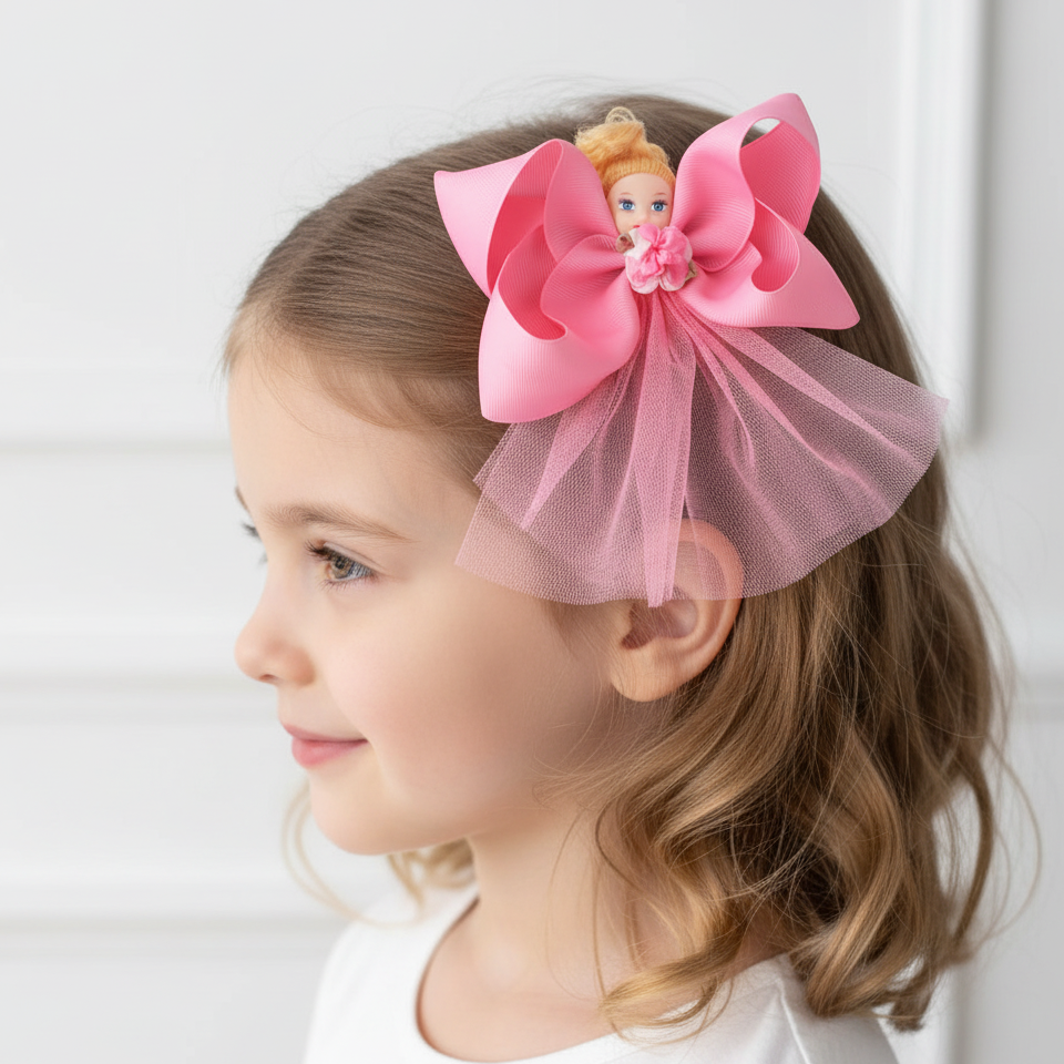 15cm Doll Ribbon & Tulle Hair Bow Clip (QR2155)