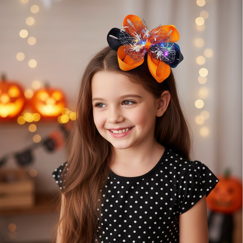 Light-Up LED Halloween Hair Bow Clips – 15cm Spider Web Hair Accessories (12-Piece Wholesale Dozen) (QR2212)