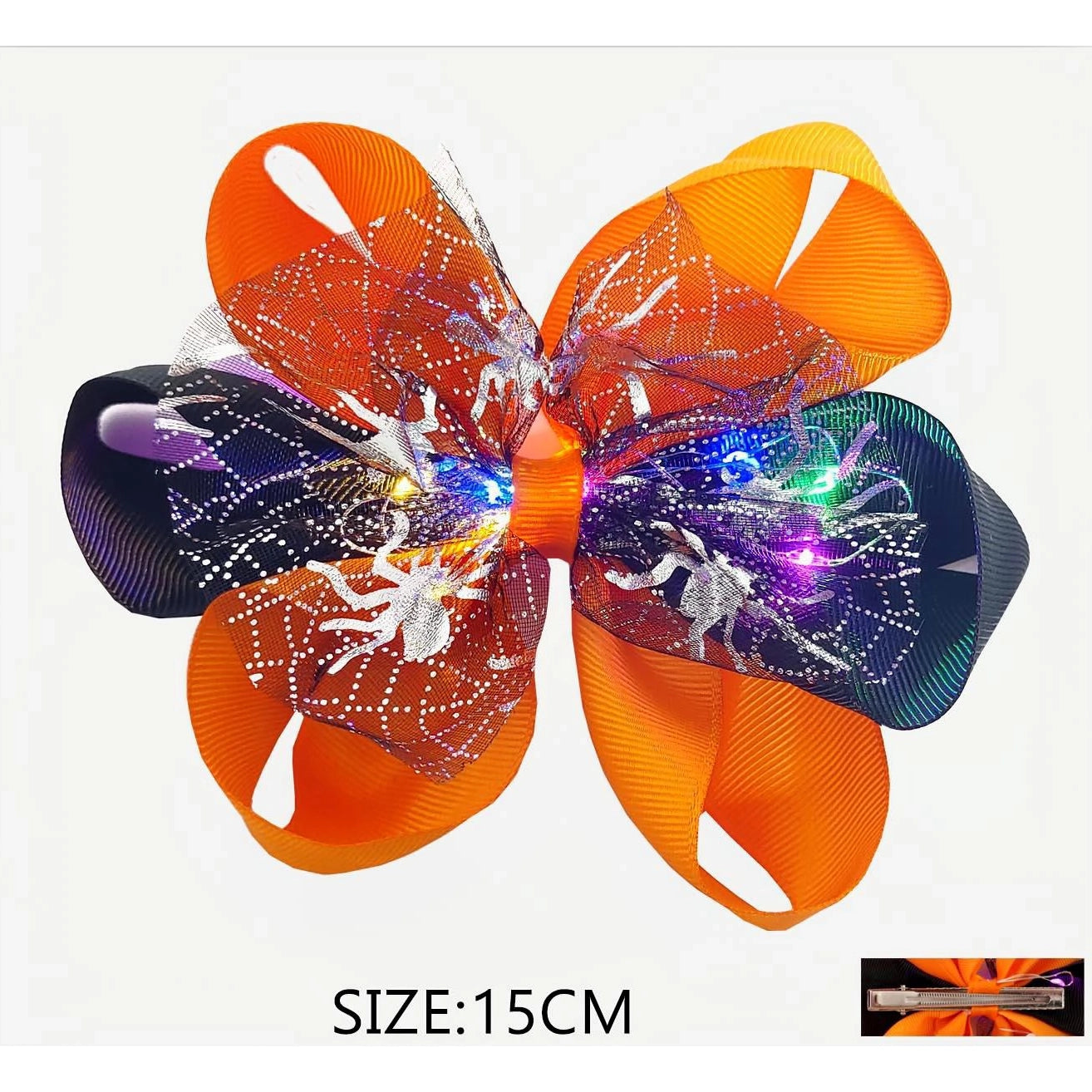 Light-Up LED Halloween Hair Bow Clips – 15cm Spider Web Hair Accessories (12-Piece Wholesale Dozen) (QR2212)