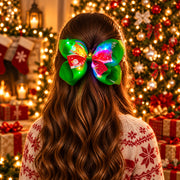 15CM Light-Up LED Christmas Hair Bow Clips with Printed Santa & Reindeer Ribbon – Red & Green 12-Piece Wholesale Pack (QR2223) (QR2223)