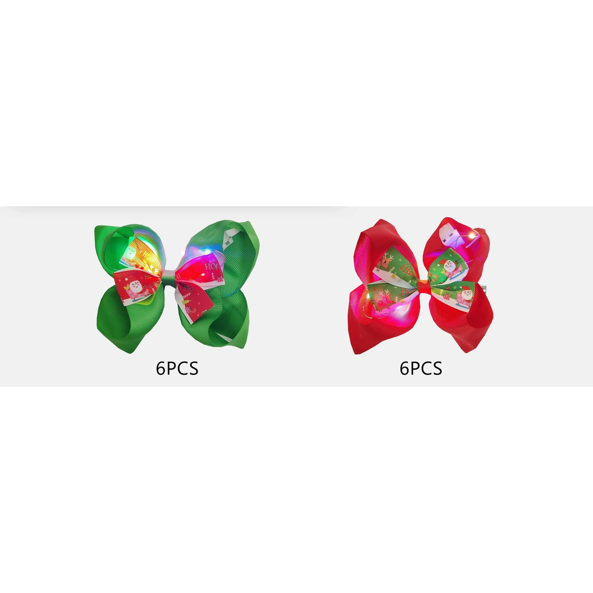 15CM Light-Up LED Christmas Hair Bow Clips with Printed Santa & Reindeer Ribbon – Red & Green 12-Piece Wholesale Pack (QR2223) (QR2223)