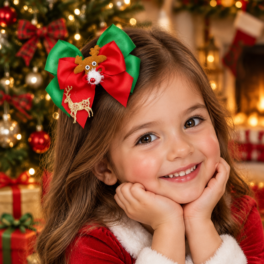 15CM Festive Christmas Reindeer Hair Bow Clips – Red & Green Grosgrain Ribbon 12-Piece Wholesale Pack (QR2235)