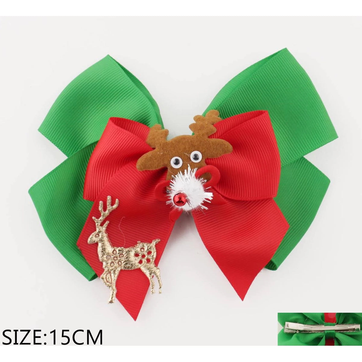 15CM Festive Christmas Reindeer Hair Bow Clips – Red & Green Grosgrain Ribbon 12-Piece Wholesale Pack (QR2235)