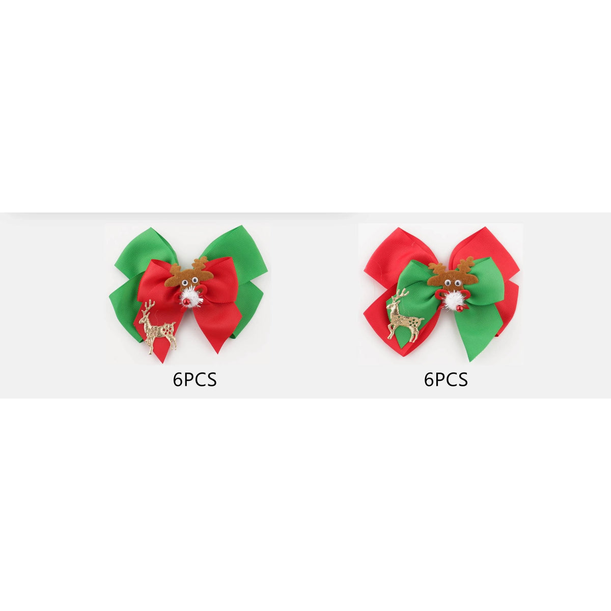 15CM Festive Christmas Reindeer Hair Bow Clips – Red & Green Grosgrain Ribbon 12-Piece Wholesale Pack (QR2235)