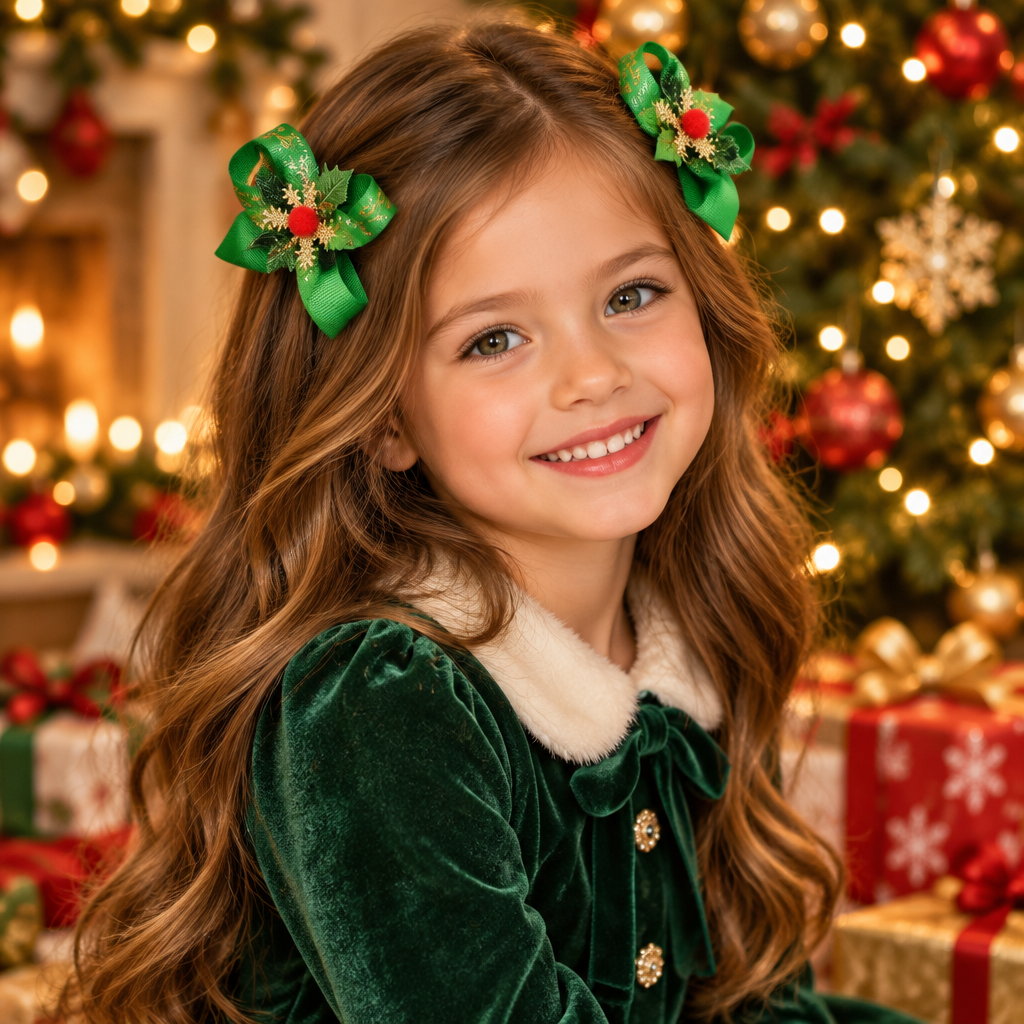 10CM Holiday Holly & Snowflake Christmas Hair Bow Clips – Red & Green 24-Piece Set / Dozen Bulk Pack (QR2243)