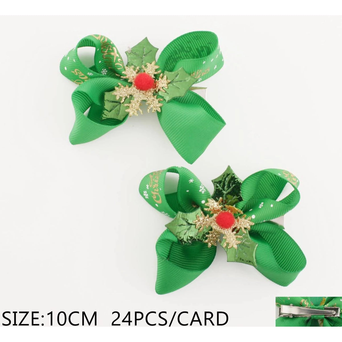 10CM Holiday Holly & Snowflake Christmas Hair Bow Clips – Red & Green 24-Piece Set / Dozen Bulk Pack (QR2243)